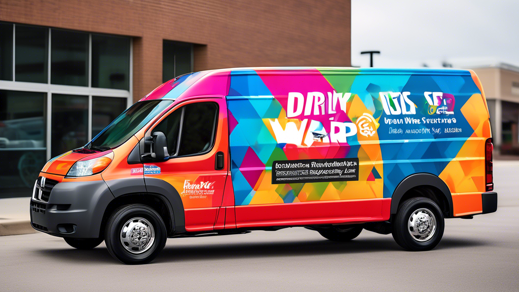Create a vibrant and dynamic image of a commercial vehicle, such as a delivery van or service truck, with a professionally designed wrap. The wrap should feature eye-catching graphics, bold colors, an
