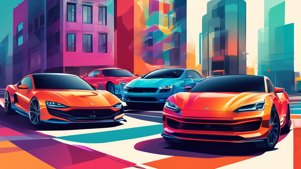 Create a visually engaging digital illustration of various cars showcasing different vehicle wraps with a variety of color schemes. Include a range of styles such as vibrant and bold, sleek and minima