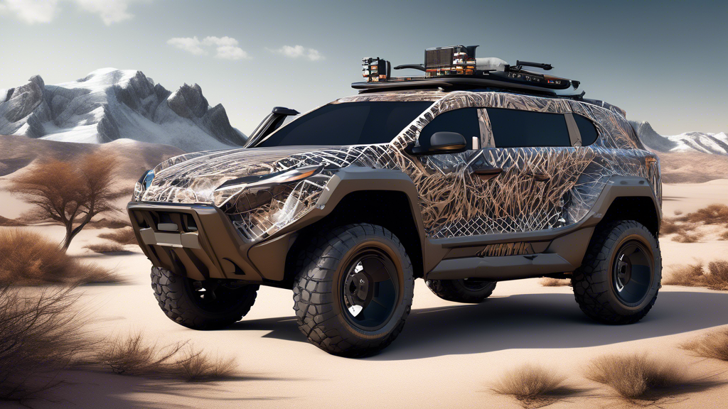 Create a high-resolution image that depicts a modern, rugged vehicle equipped with advanced protective wraps designed for extreme environments. The vehicle should be set against a harsh landscape, suc