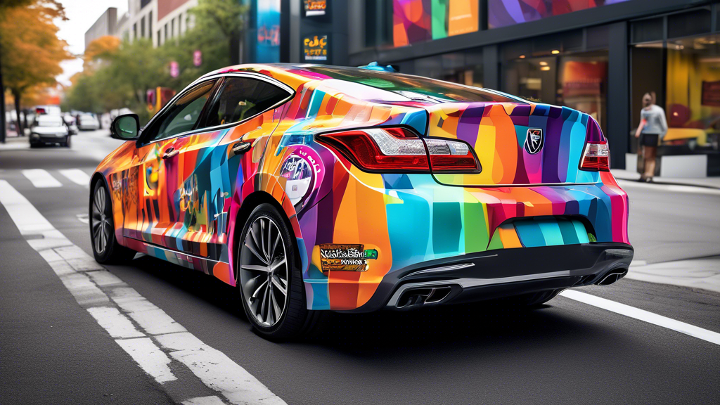 Create an image of a modern, sleek car wrap with vibrant colors. The wrap prominently features social media handles in a stylish and engaging manner, seamlessly integrating with the vehicle's design.