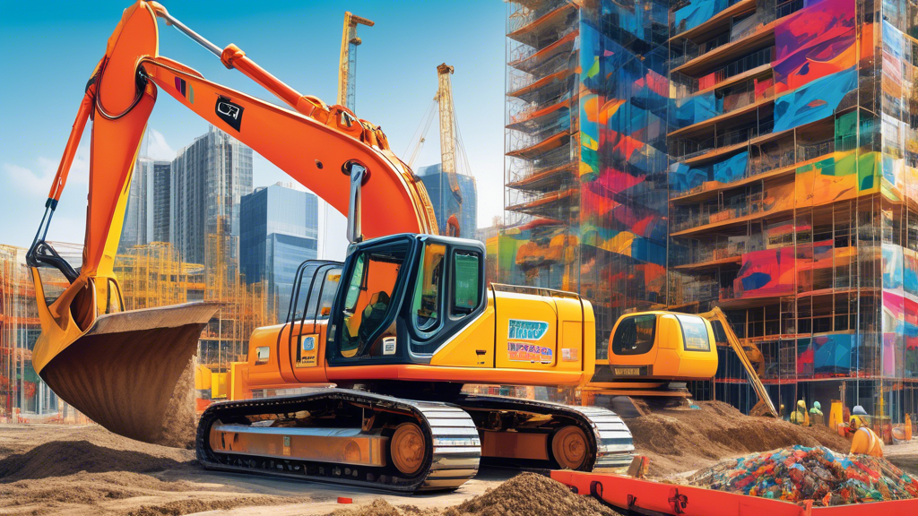 Create an image of a construction site where a large, vibrant excavator is covered in a colorful, eye-catching wrap showcasing a company's brand and logo. The site is bustling with activity, featuring