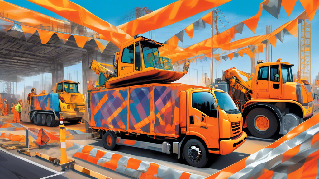 A high-tech vehicle driving through an active construction zone with a protective, colorful wrap covering its exterior. The construction zone features workers in safety vests, orange cones, barriers,