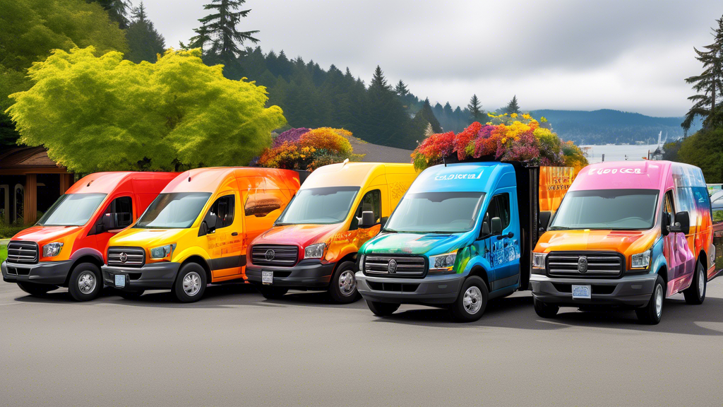 Create a vibrant and eye-catching scene featuring a fleet of commercial vehicles with unique and colorful wraps, set against the picturesque backdrop of Bainbridge Island. The vehicles should display