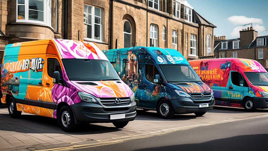 Create an image depicting a bustling urban setting in Aberdeen with several vehicles featuring vibrant and eye-catching wraps. Show various types of vehicles such as cars, vans, and buses with differe