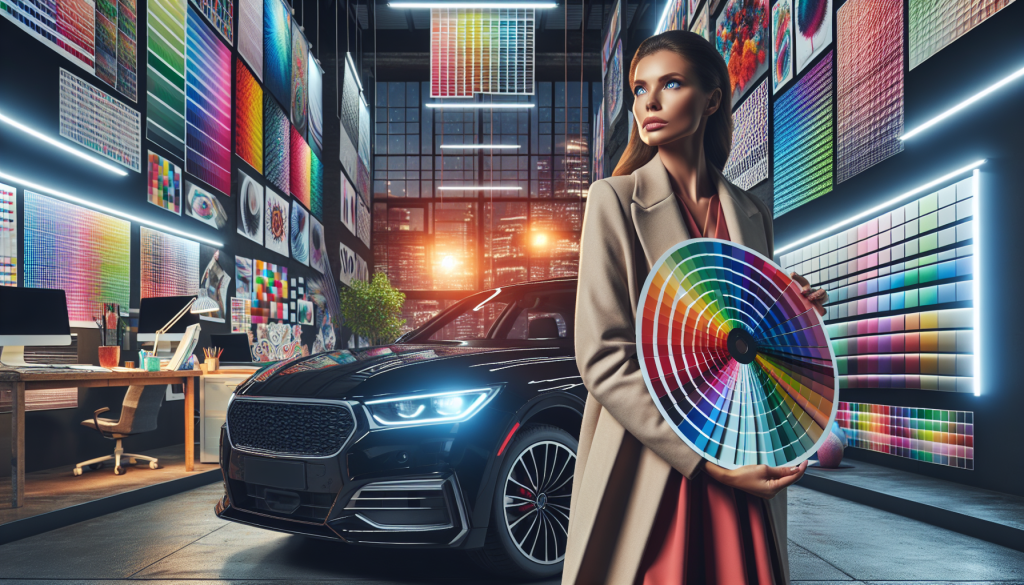 Create an image of a car parked in a design studio filled with color swatches and design samples on the walls. A designer is holding up a large color wheel next to the vehicle, contemplating various v