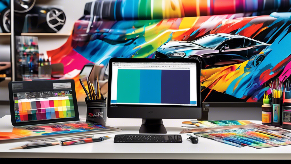 Create a detailed and vibrant image of a designer's workspace focused on vehicle wrap design. Include a large computer monitor displaying a car with a colorful wrap design, surrounded by color swatche