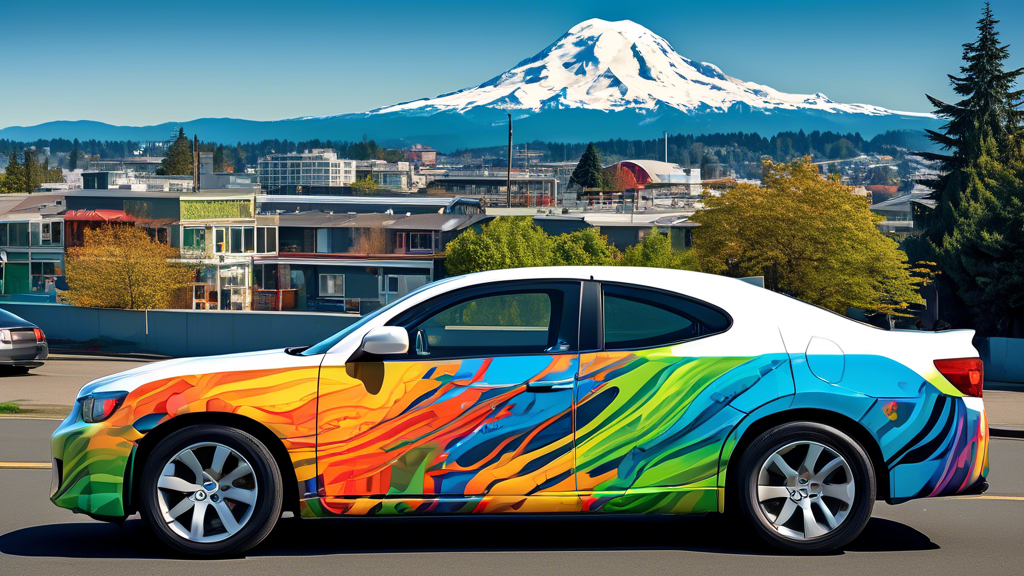 Create an image of a sleek car with a vibrant and artistic vehicle wrap driving through the streets of Tacoma. The wrap features eye-catching graphics, showcasing the Puget Sound with Mount Rainier in