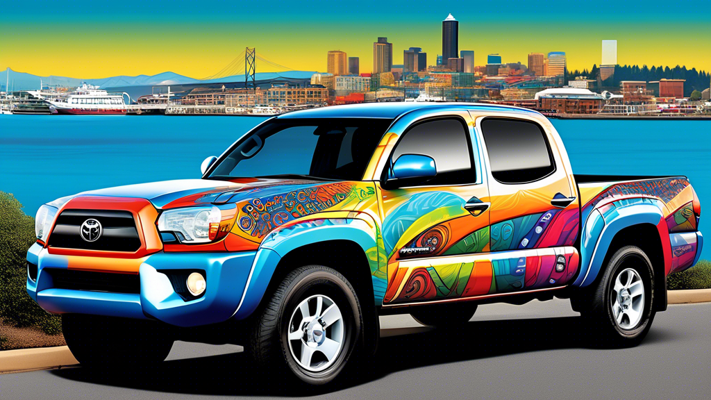 Create a visually stunning image featuring a sleek car parked by the scenic Tacoma waterfront, showcasing a professional vehicle wrap in vibrant colors and intricate patterns. Emphasize the wrap’s hig