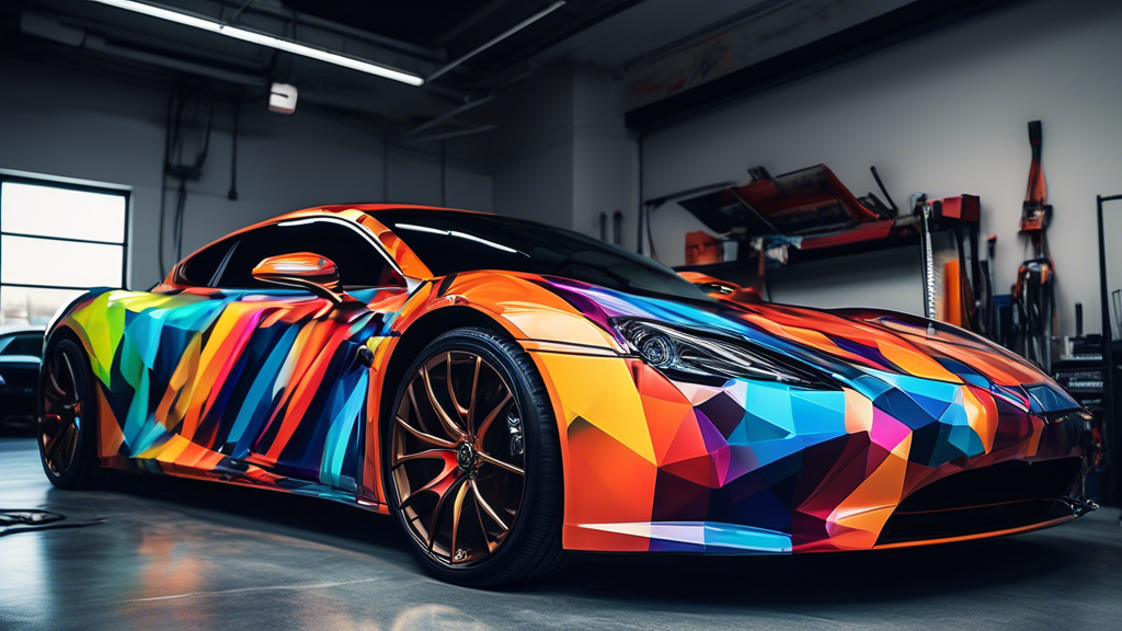 Create an image of a sleek car in the process of getting a custom car wrap. The car is parked in a high-tech garage, with vibrant, eye-catching wrap designs being applied by professional technicians.