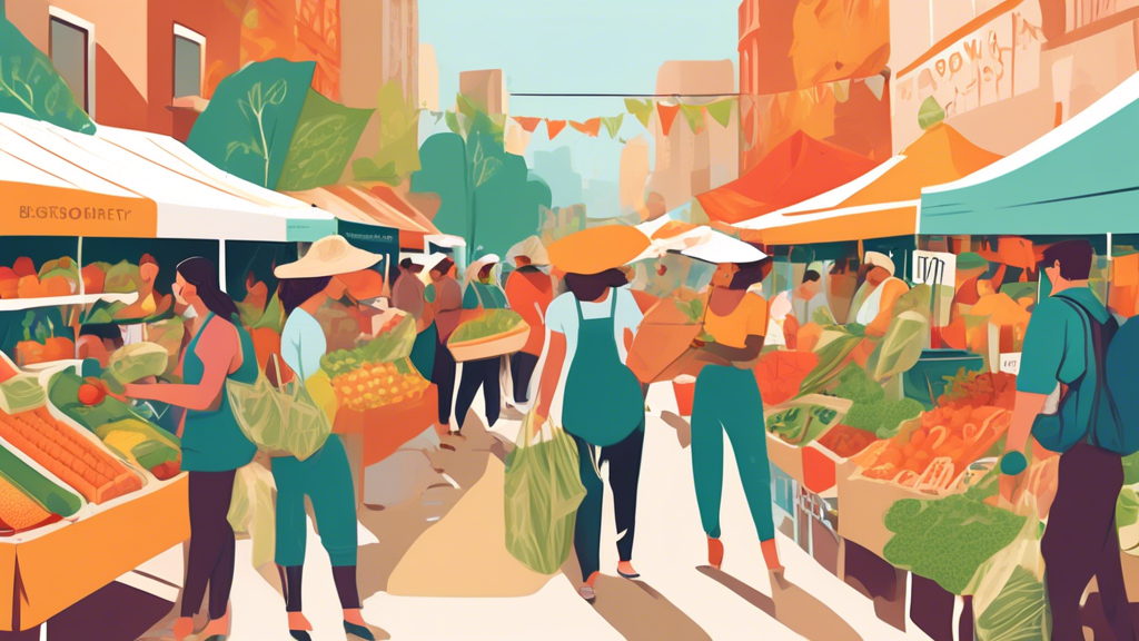 A bustling farmer's market with vendors using reusable fabric wraps for fruits, vegetables, and other products. Shoppers happily carrying eco-friendly, wrap-covered goods in biodegradable bags, with a