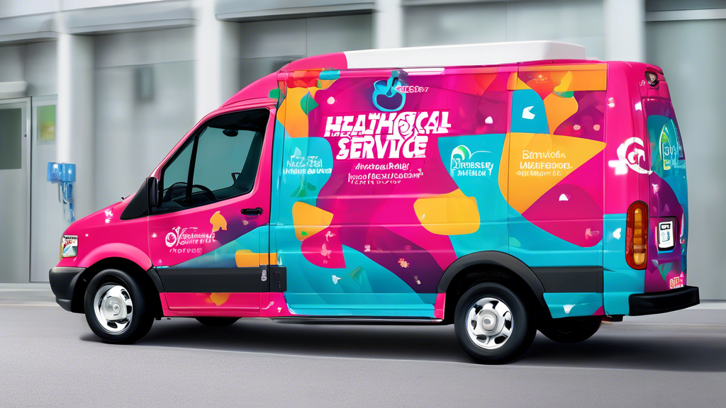 Create an image showcasing a vibrant, modern healthcare service van in a city setting, wrapped in a meticulously designed vehicle wrap. The wrap should include elements such as the healthcare service