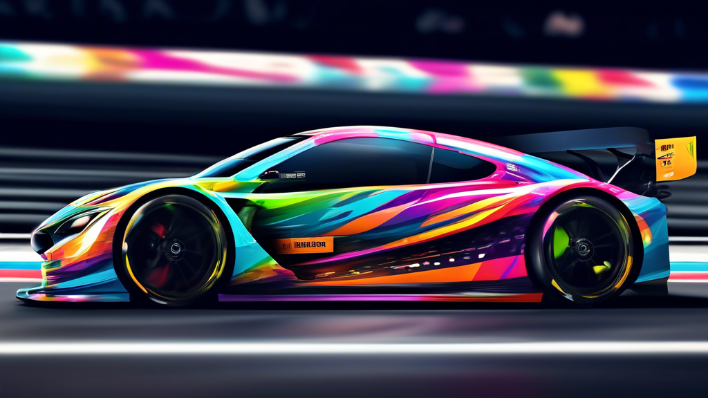 Create an image of a high-speed racing car on a track, its exterior entirely covered in an eye-catching, aerodynamic vehicle wrap. Show engineers in the background discussing the car's performance met
