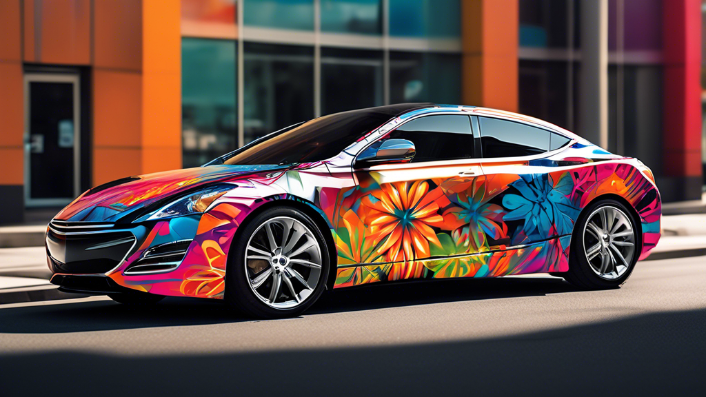 Create an image of a sleek, modern car with a vibrant, eye-catching vehicle wrap design. The wrap should feature bold colors and intricate patterns that make the car stand out on the road. Show the ca